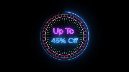 Up to 45% Off neon icon illustration. black background 4k illustration.