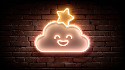Neon cloud sign on brick wall