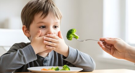 Navigating mealtime battles with a picky eater. A stubborn child refuses to try a healthy broccoli floret.