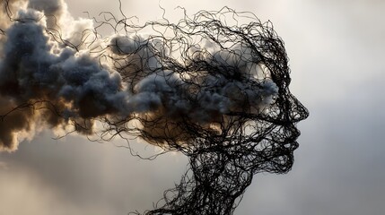 Abstract silhouette of human head filled with tangled wires or clouds. Concept : Mental health, anxiety, overthinking, emotional stress, cognitive overload, psychological struggle, abstract expression