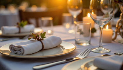 Elegant dinner table setting with white napkins and candles at sunset  