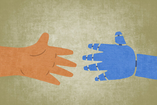 Human and robot hands symbolize AI collaboration