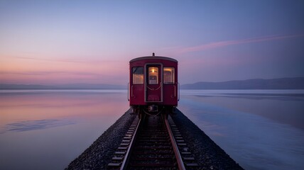 Vintage red train carriage illuminated with warm light stands on railway tracks extending into a calm lake at twilight with a soft pastel sky