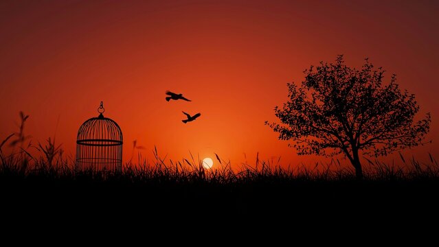 A symbolic sunset scene with a warm redo-range having a cage and birds flying near by. Silhouette of Parrot at Sunset