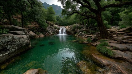 A tranquil natural oasis with a sparkling emerald river flowing through lush green foliage and ancient rock formations, creating a serene and inviting landscape.