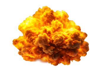 A powerful explosion with a bright orange and yellow flame burst, isolated on a transparent background