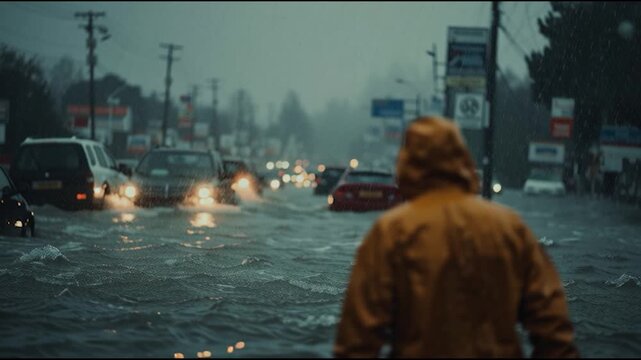 A person stands before a flooded street during heavy rain.