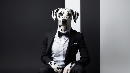 Dressed Dalmatian dog wearing suit and bowtie seated against contrasting black and white backdrop