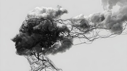 Abstract silhouette of human head filled with tangled wires or clouds. Concept : Mental health, anxiety, overthinking, emotional stress, cognitive overload, psychological struggle, abstract expression