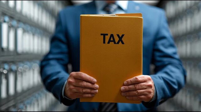 A person holding a yellow folder labeled 'TAX' in an office setting.