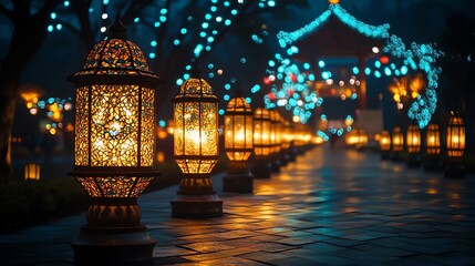 Decorative Lanterns Line a Night Path with Blue String Lights and Traditional Pavilion in Warm Glow