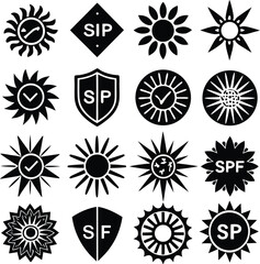 Collection of sun icons and shields featuring spf and sp symbols representing sun protection and skincare products