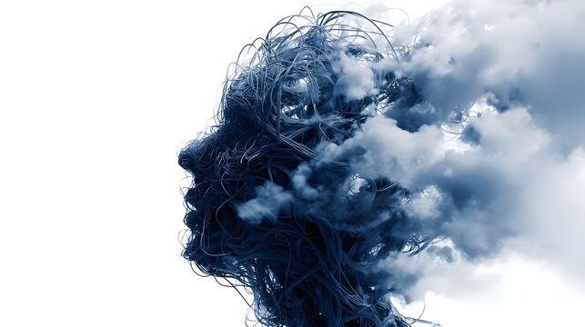 Abstract silhouette of human head filled with tangled wires or clouds. Concept : Mental health, anxiety, overthinking, emotional stress, cognitive overload, psychological struggle, abstract expression