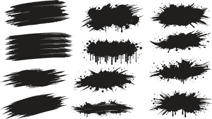 Brush strokes, black ink lines. rough textured edges and varied paint patterns isolated on white background for grunge design elements and artistic backgrounds