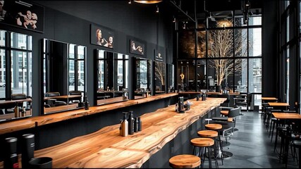 Stylish cafe interior with wooden bar and modern design elements