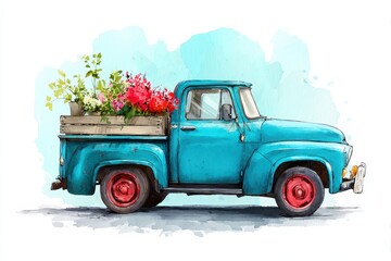 Pickup Truck With Flowers. Watercolor Illustration of Blue Retro Auto with Cartoon Style