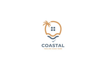 Geo Location with palm tree and waves logo design for business, holiday, beach. vector inspiration.