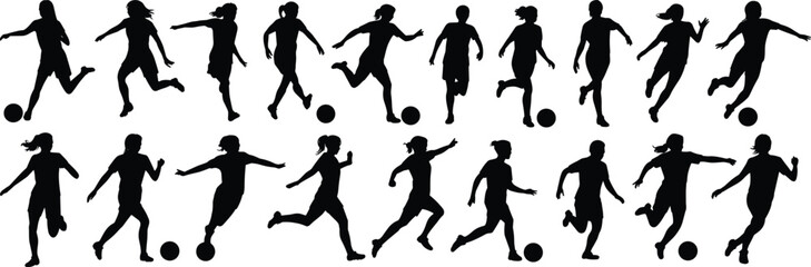 Soccer player silhouette vector collection, male and female football athletes running, kicking ball, isolated black sports figures, football action poses clipart set.