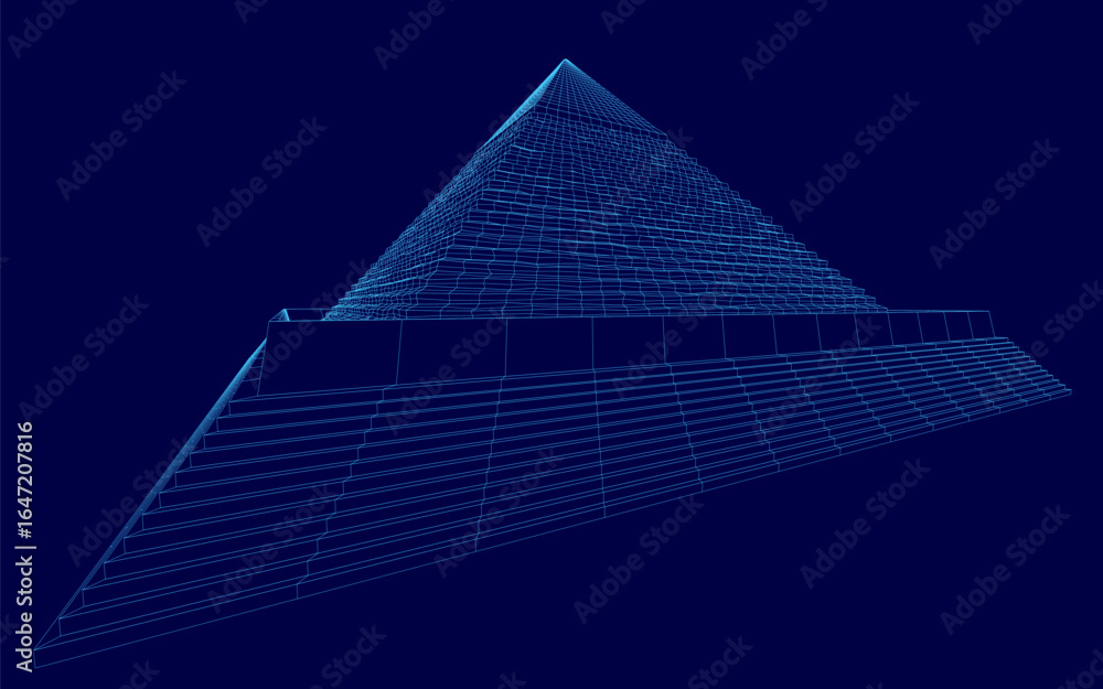 Poster a 3d wireframe model of the great pyramid of giza features interconnected pyramids in varying sizes 
