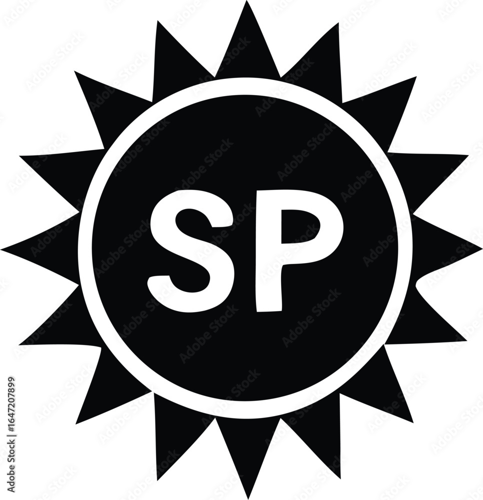 Poster bold black and white graphic featuring the letters sp inside a circular emblem surrounded by sharp p