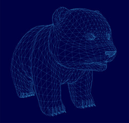 A 3D wireframe panda stands on a blue background, composed of intricate lines and geometric shapes. The design mimics a realistic animal silhouette with digital precision. © German Ovchinnikov