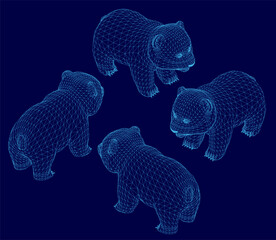 Four panda bears rendered as 3D wireframe models stand together on a smooth blue background. The detailed mesh structure highlights realistic proportions and playful poses. © German Ovchinnikov