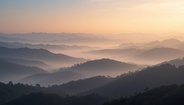 Wide panoramic view of misty mountain range with layered hills and soft morning sunrise light