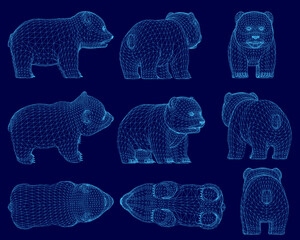 3D wireframe panda arranged symmetrically on a blue background, each with unique shapes and sizes. Panda contrast sharply against the vibrant blue, creating a striking visual effect. © German Ovchinnikov