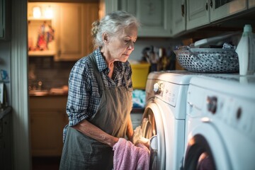 Senior Laundry. An Adult Caucasian Woman Alone Doing the Laundry with Detergent