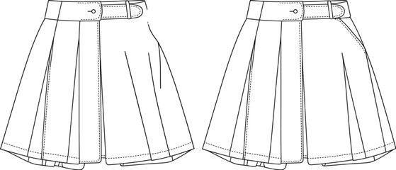 Women’s pleated mini skirt with waistband and belt, side pocket detail, fashion design, front and back CAD drawing flat vector illustration