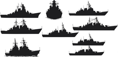 Set of warship silhouette vector illustrations, military navy ships, destroyers, battleships, combat vessels, black isolated icons for naval and maritime design. © Masum Creatives