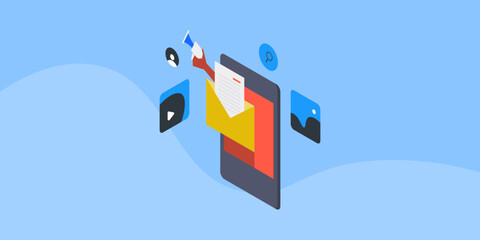 Isometric visualisation of mobile first marketing, email campaign amplified by message communication and content drive engagement.