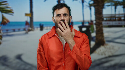 Hispanic man in orange prison jumpsuit with beard looking worried on a sunny beachfront promenade,...