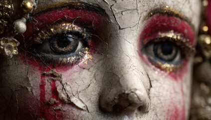 Close-up of a weathered, painted figurine face, adorned with elaborate details, showing cracked, pale skin and vibrant red accents