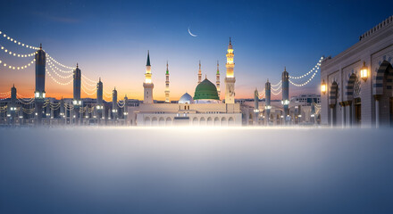 Obraz premium Milad un Nabi Maulid or Mawlid al Nabi Islamic background banner with Madina mosque festive ornaments