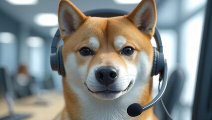 Shiba Inu dog wearing a headset, smiling while in a modern office environment with blurred background