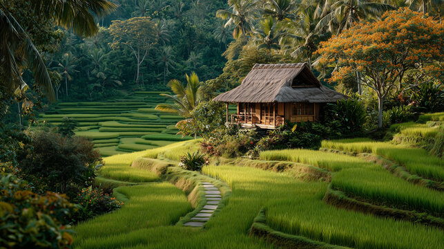 A traditional bamboo hut with a thatched roof is nestled among emerald rice terraces surrounded by tropical greenery.
 - Powered by Adobe