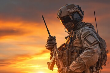 Soldier Radio. Military Action at Sunset: Armed Soldier in Combat, Assault and Battle