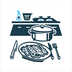 Meal Preparation Illustration with Plate and Pot Meal Preparation Plate with utensils cooking pot