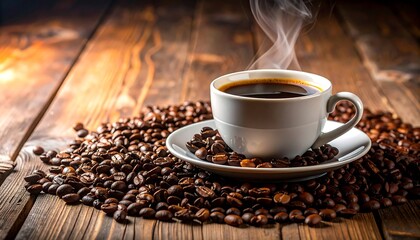 Steaming Hot Coffee in White Cup on Rustic Wood with Coffee Beans