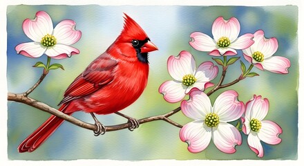 Vibrant red cardinal perched on a blooming dogwood branch with soft pink flowers against a blurred green background.
