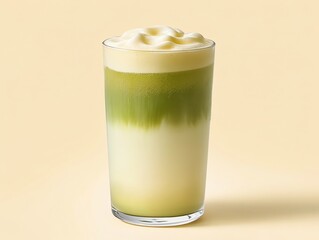 Layered Green and White Matcha Latte with Foamed Milk in Clear Glass