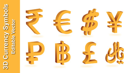 3D Currency Symbols Vector Set – Rupee, Euro, Dollar, Yen, Ruble, Bitcoin, Pound, and Rial Icons
