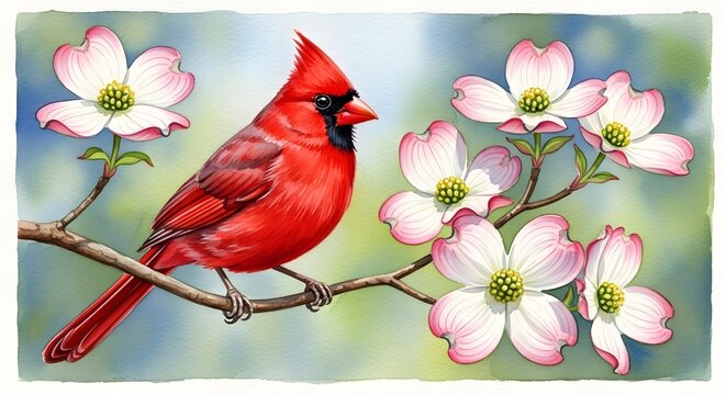 Vibrant red cardinal perched on a blooming dogwood branch with soft pink flowers against a blurred green background.