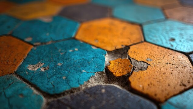 Close-up view of aged, patterned hexagonal tiles