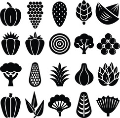 A collection of stylized black and white silhouette icons representing a variety of fresh fruits and vegetables