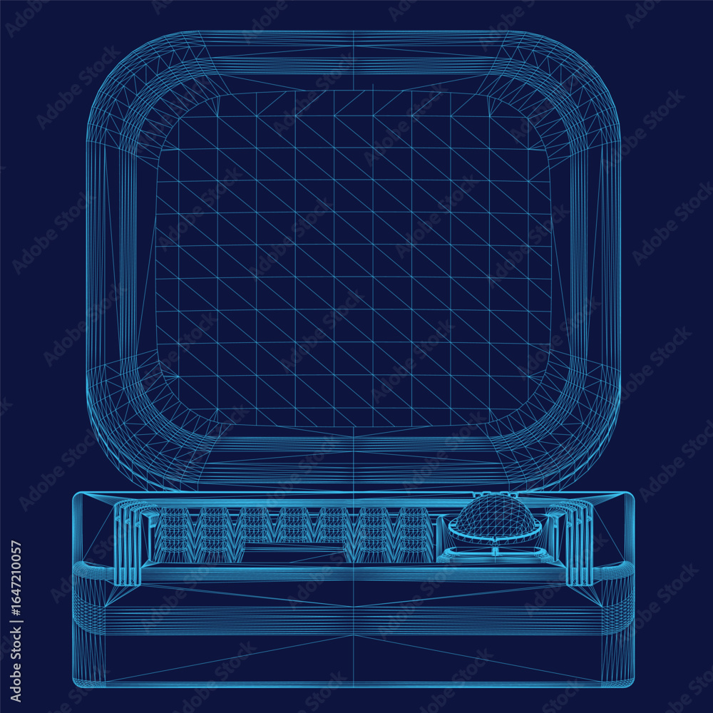 Poster a retro computer with a keyboard sits on a dark blue background, rendered in a wireframe style for a