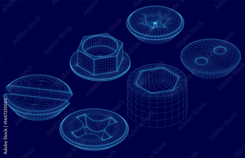 Poster a 3d wireframe model of various nuts and bolts arranged symmetrically on a vibrant blue background. 
