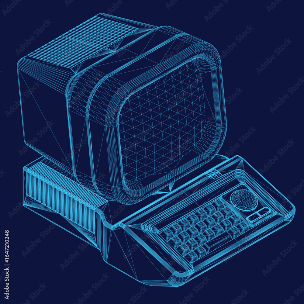 Poster an old retro computer with a keyboard sits on a dark blue background, rendered in a wireframe style 