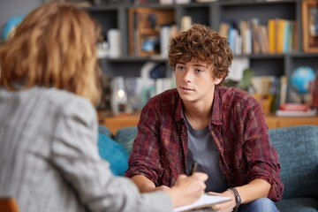 Teen Boy Counseling. Female Psychologist Meeting Teenage Boy for School Therapy